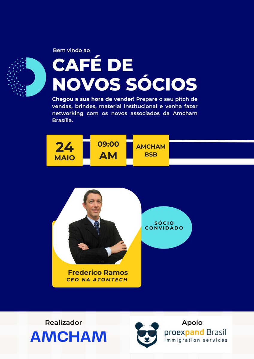 AtomTechBR's tweet photo. 1º Café de Novos Sócios 2022. Evento que marca as boas-vindas à Amcham Brasília. Momento para tomar um café, conhecer os novos sócios da Amcham e realizar o pitch do seu negócio. 
@fredericorramos   @AmchamBR   #gestaoestrategica #empreendedorismo #networking #iniciativaprivada https://t.co/a2Sm1Tvy9A