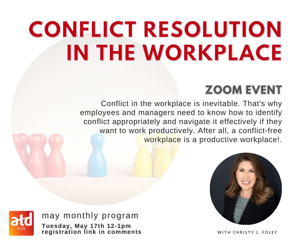 April ☔ Showers Bring May... 🌺 Professional Development! Join us next Tuesday for a virtual workshop on #ConflictResolution in the workplace facilitated by Christy L. Foley, Esq.!

📅 Tuesday, May 17th
⏲ 12:00PM - 1:00PM (Eastern)
🌐 Zoom
🔗 Registration link in replies!