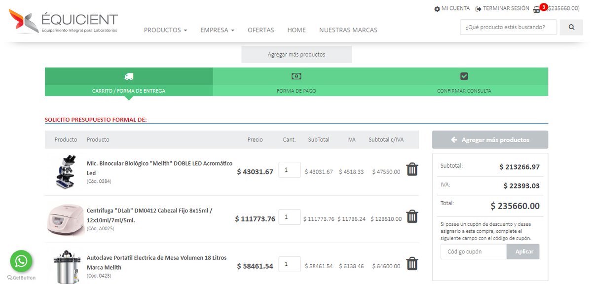 ¡ Nunca fue tan sencillo en 🇦🇷 conocer precios en pesos de equipos y materiales para Laboratorios ! 🔬😍

✅ Visitanos equicient.com.ar
✅ Registrate allí .. y Listo

Y si querés avanzar en una compra agregá lo que desees al carrito de compra para enviar consulta de stock.