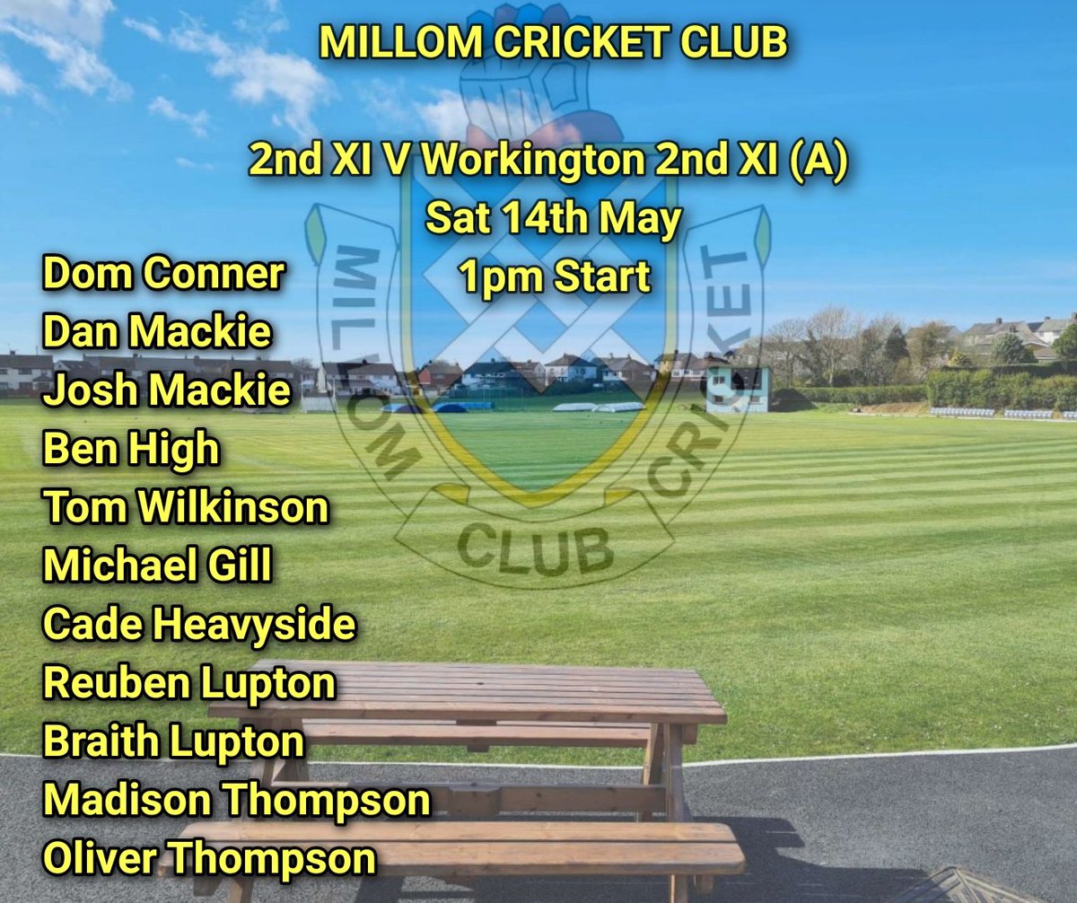 Millom_CC's tweet photo. This weekend's team news. Good luck to the  junior players making their senior debuts this weekend.🏏🏏
FA Cup Final shown on big screen 1645 KO  🍻🍻 https://t.co/XmqqgIgypw