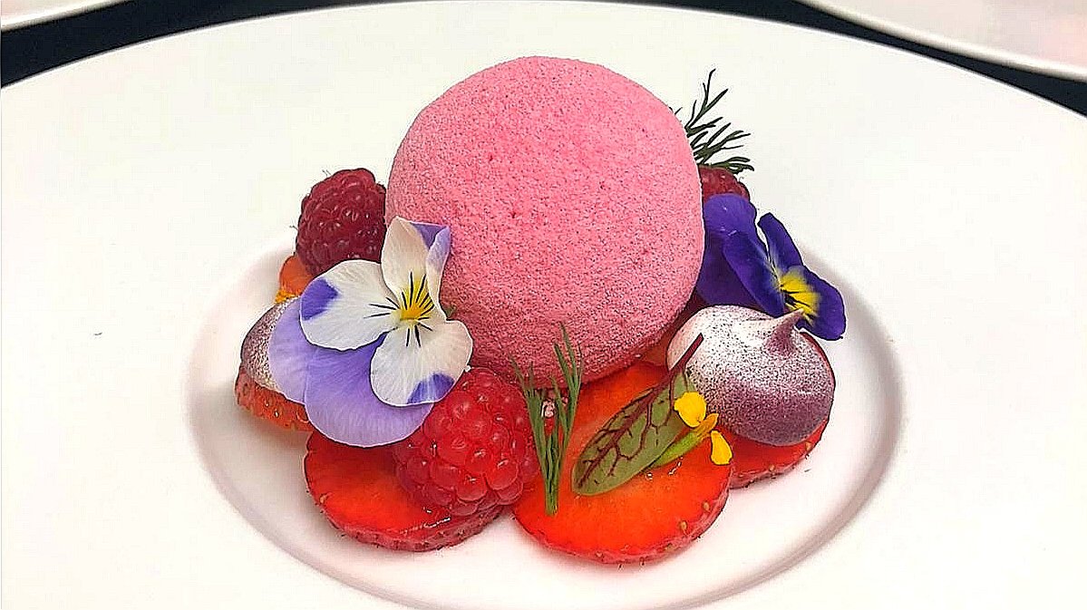 Meadowsweet parfait, strawberry and elderflower sorbet center, sprayed with yogurt