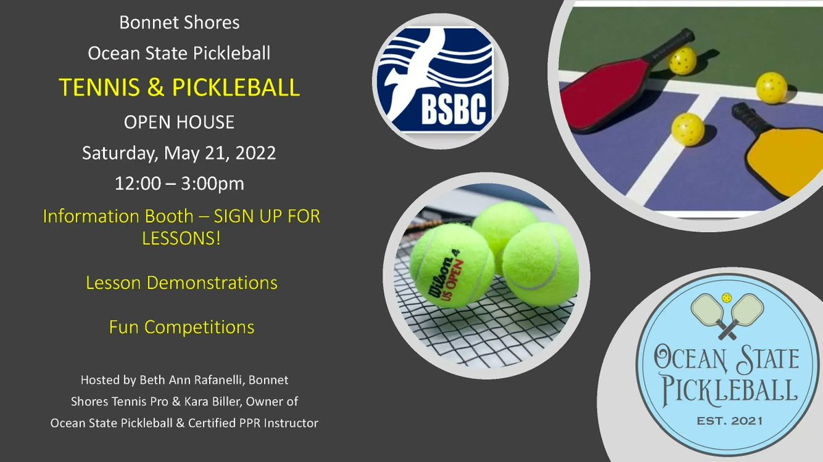 BSBC Tennis &amp; Pickleball Open House - Saturday, May 21 at 12:00-3:30pm  #BSBC #BonnetShoresBeachClub #Summer2020