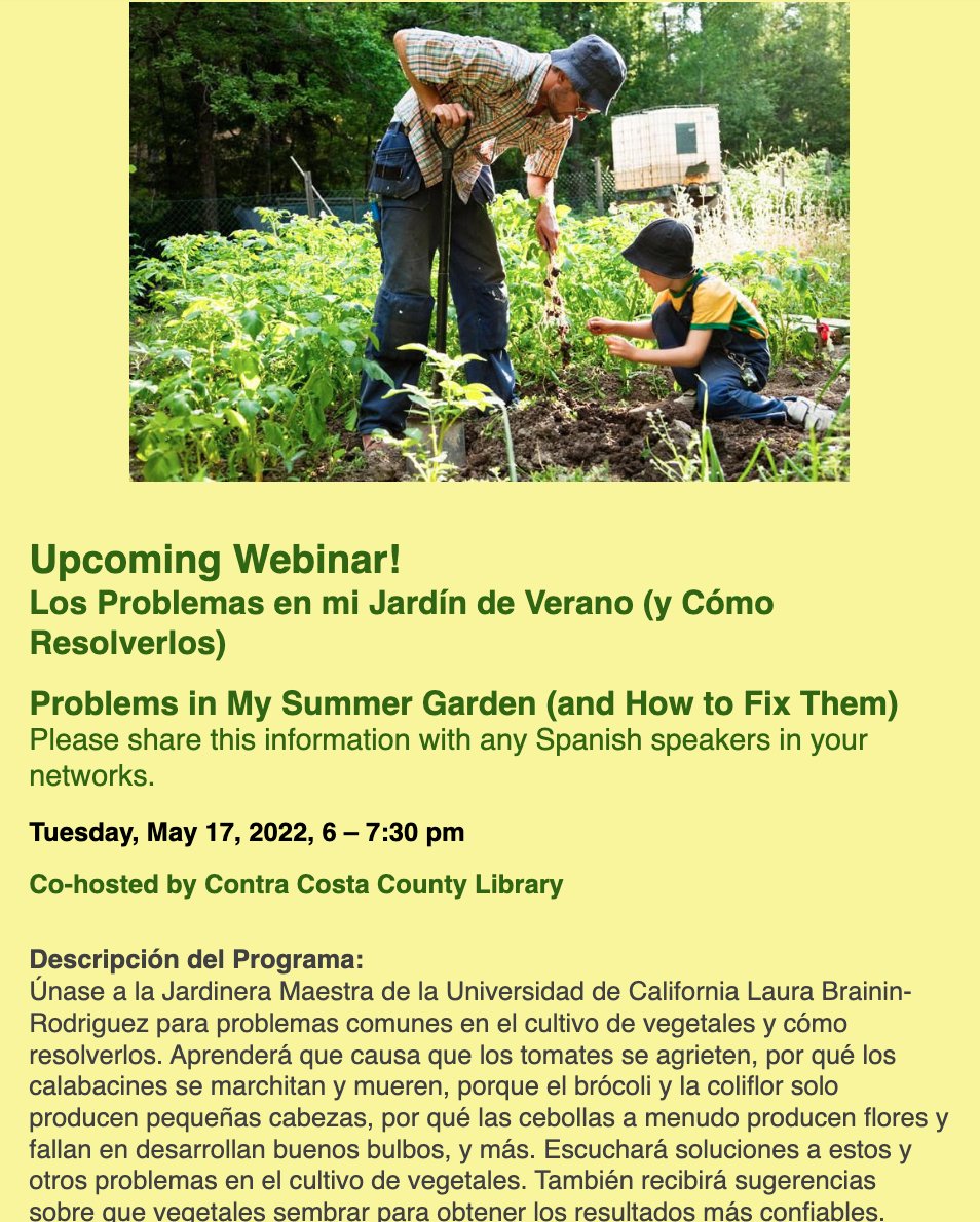 RichmondGrows's tweet photo. Los Problemas en mi Jardín de Verano (y Cómo Resolverlos)
Tuesday, May 17, 2022, 6 – 7:30 pm
Registrate gratis, https://t.co/t7dnn4LJse

Co-hosted by Contra Costa County Library https://t.co/LBVQnV6GOT