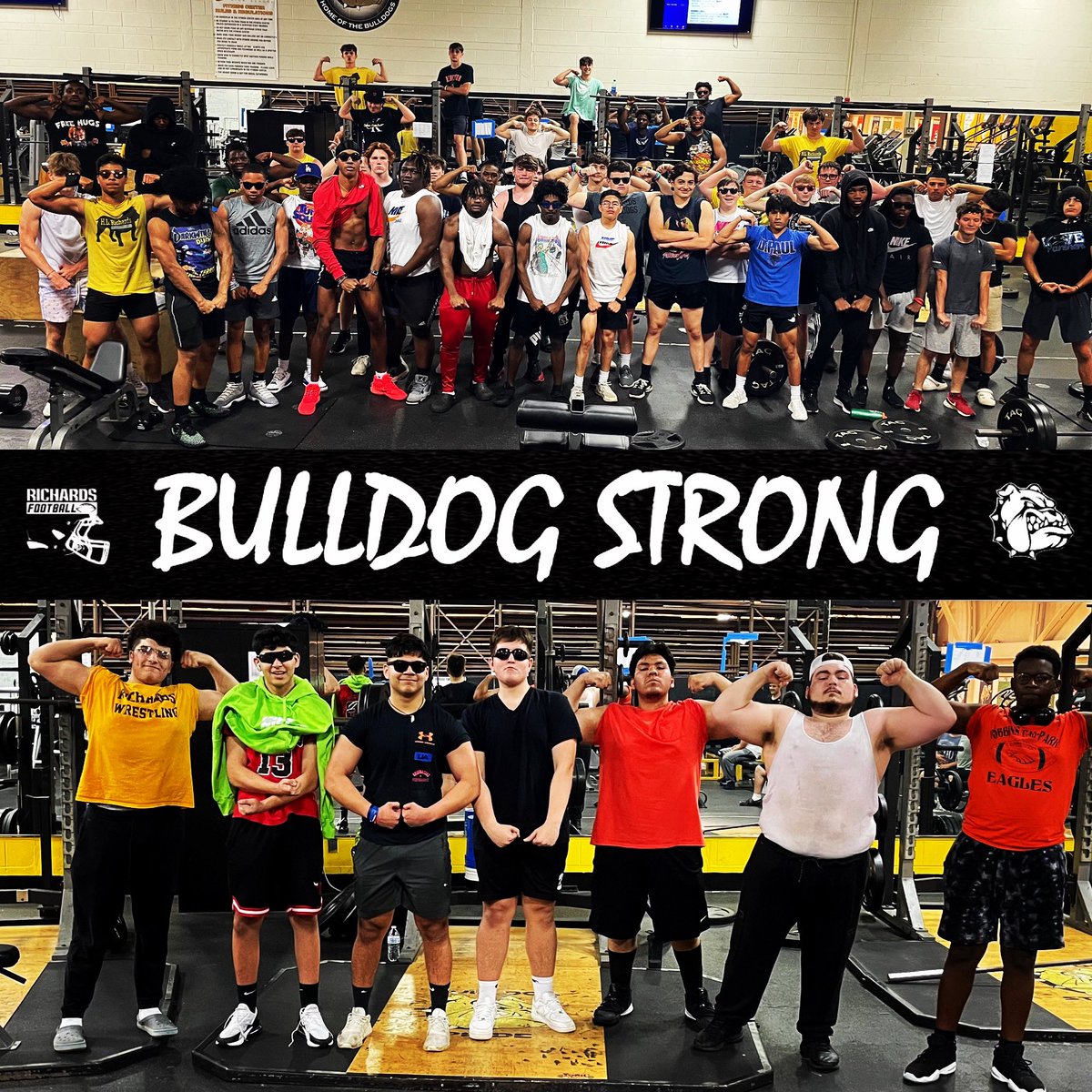 HLR_FOOTBALL's tweet photo. It’s been a GREAT off-season! This group loves to get after it and work. We can’t wait for this group to show their gains next week. MAX OUT WEEK! Exciting time to be a BULLDOG! #bulldogstrong #bulldogpride🐾🐶🏈 #WeAreRICHARDS #Hardwork #MAXOUTWEEK https://t.co/iCq5r0rQdX