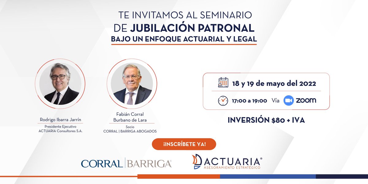 No te pierdas la oportunidad de asistir a nuestro seminario este 18 y 19 de mayo, en el que podrás conocer todo sobre la jubilación patronal de la mano de expertos en el tema. ¡Inscríbete hoy mismo!

bit.ly/3PbC2jf