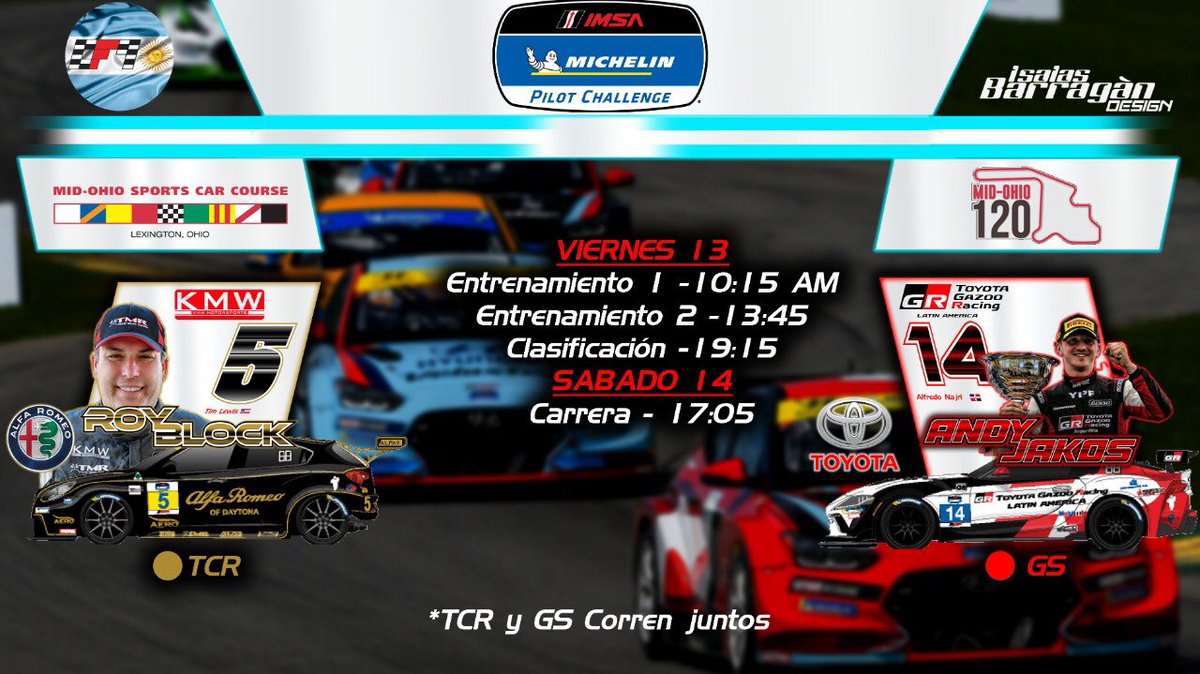 Corazondef1's tweet photo. 🛑ARGENTINOS 🇦🇷 EN MID OHIO 🇺🇸
#MichelinPilotChallenge #IMSA
Uno viene de ganar con el Alfa Romeo en TCR , el otro debutó con el Supra e hizo podio en la categoría GS
#RoyBlock 🇦🇷 @andijakos 🇦🇷 quieren seguir sumando buenos resultados
Horarios 🇦🇷 https://t.co/ANDpY1cxI6