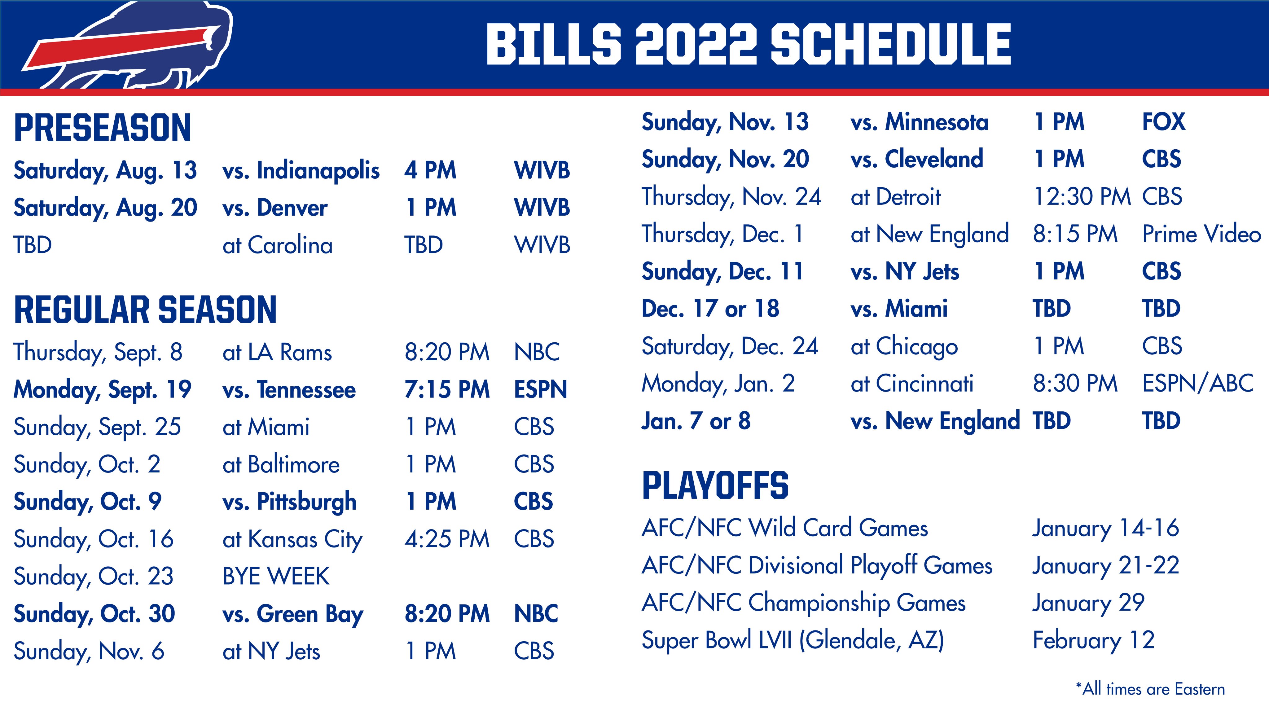 buffalo bills schedule 2022 printable