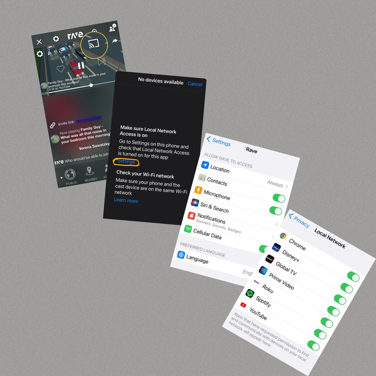 Verena01S's tweet photo. @RaveApp When trying to cast Rave to my TV, I keep getting this notification. How can I possibly solve this problem? Local Network Access doesn’t even appear in the list of changeable settings, nor does Rave appear in the list of Local Network Access settings. https://t.co/7iXl4Ecloi