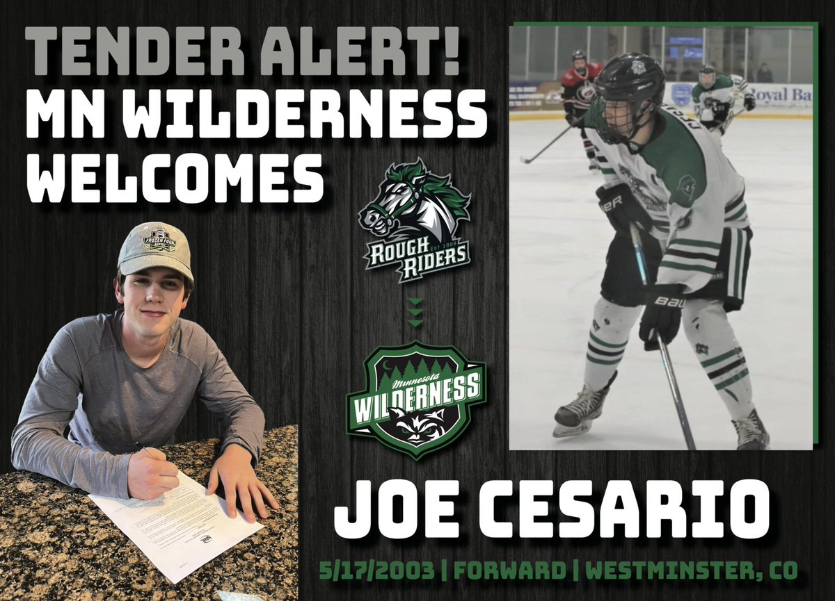 mnwilderness's tweet photo. The Wilderness are excited to announce the tender of @JoeCesario7 from @rmrrhockey! Joe led the RoughRiders through a tremendous season and a great playoff. A captain with an ability to play on the edge and will continue to look good in green and white! #packmentality https://t.co/tNV6agdXYD