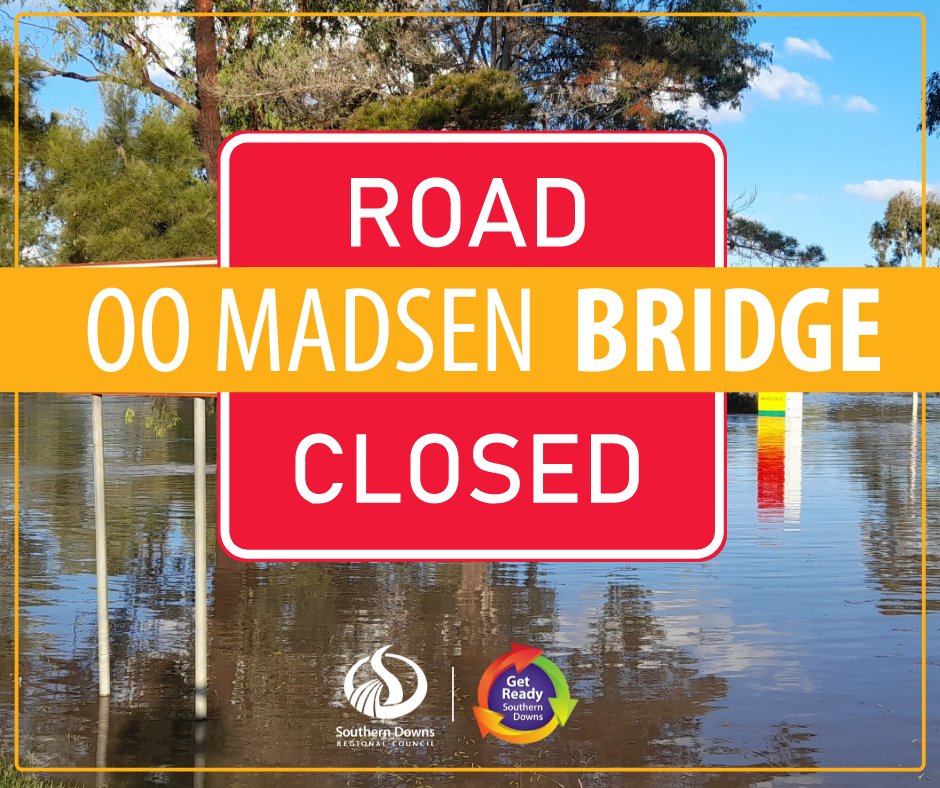 CLOSED // OO Madsen Bridge at Warwick is now closed. The road will reopen once water has receded and an inspection has been done to ensure it is safe to reopen. Council urges residents to limit travel, to drive to conditions and be vigilant for flash flooding. #MySDRC