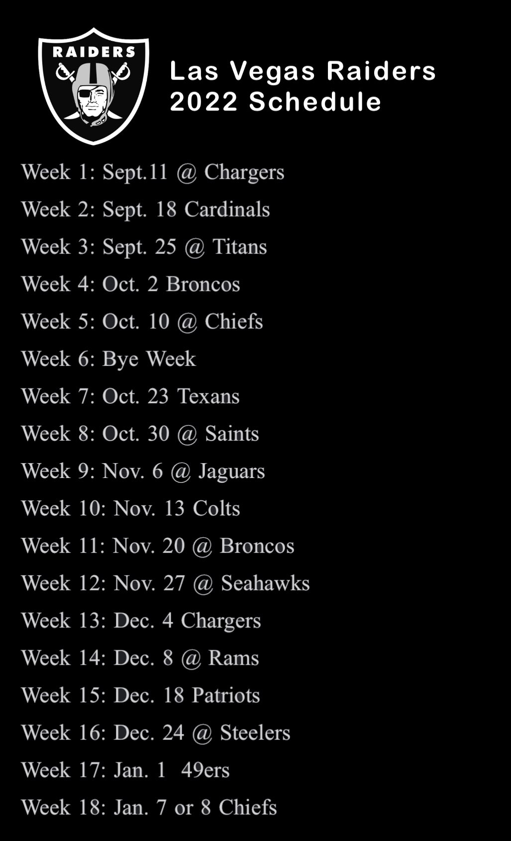 Raiders schedule 2022: Dates & times for all 17 games, strength of schedule,  final record prediction