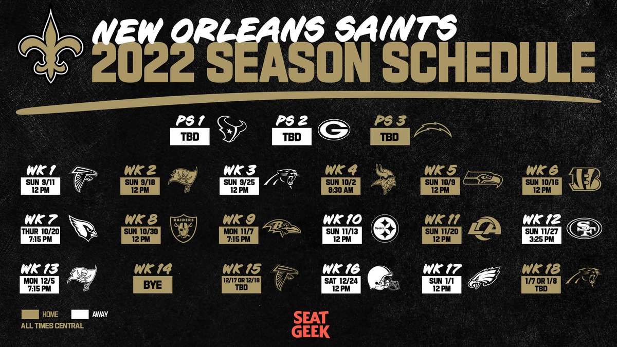 Saints's tweet photo. The 2022 Saints Schedule! ⚜️

#Saints | @SeatGeek https://t.co/s0IVniduA5