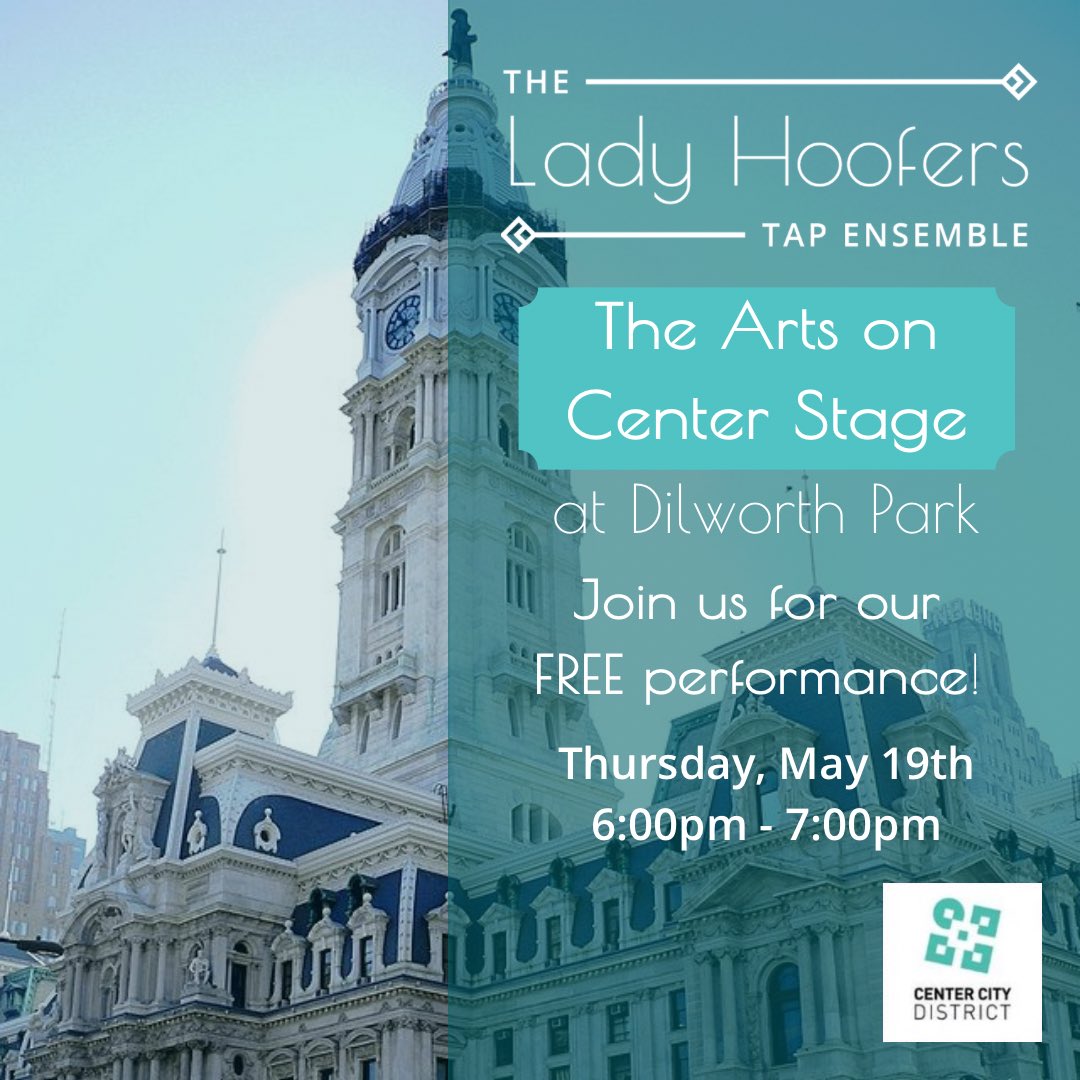 TheLadyHoofers's tweet photo. ONE WEEK! Join us next Thursday, May 19th as we kick off The Arts on Center Stage series in Dilworth Park for @ccdphila βοΈ Hope to see you there!
.
#ladyhoofers #ladyhooferspopup #freeinphilly #thingstodophilly #phillydance #outdoorsphilly #phillytodo #phillyarts #tapdance https://t.co/4FFYUBHiJJ