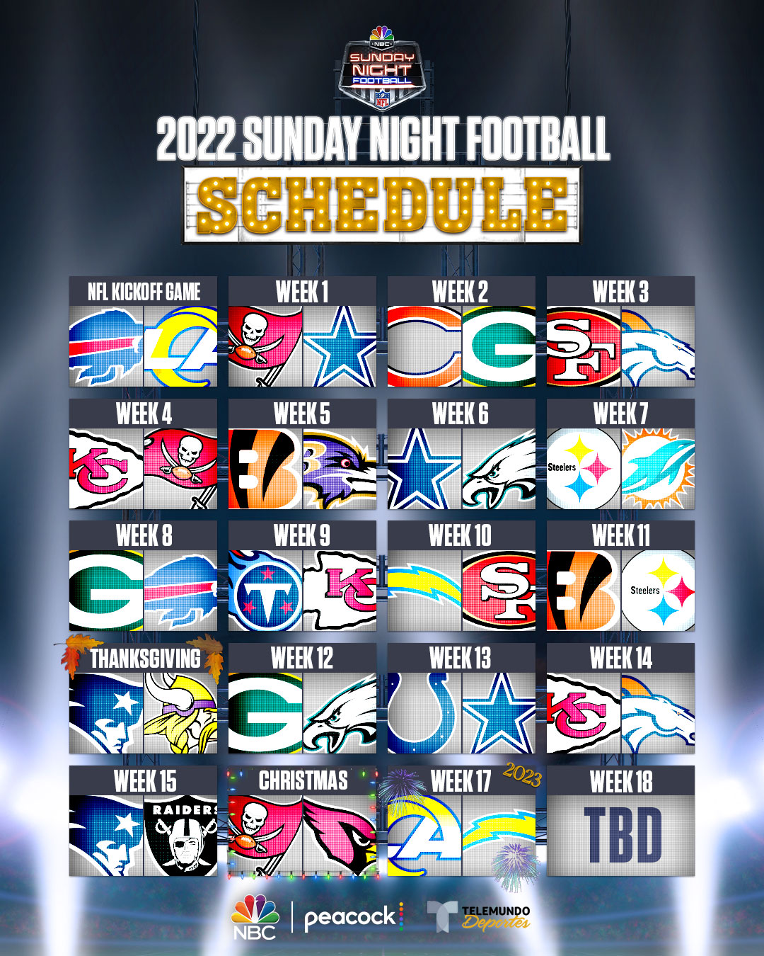 Sunday Night Football on NBC on X: 'The 2022 Sunday Night Football schedule  is HERE! Which matchup are you most excited for?! #NFL   / X