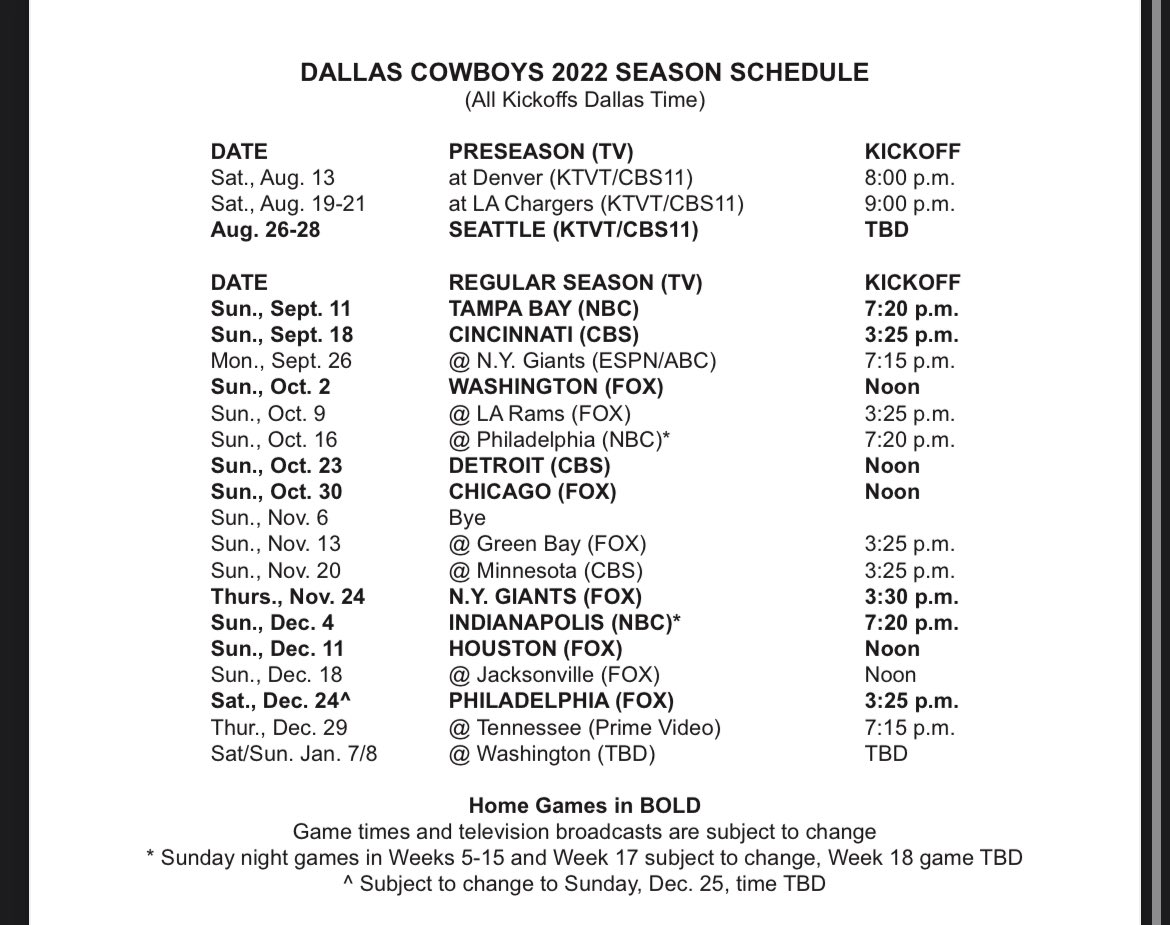dallas cowboys schedule 2022