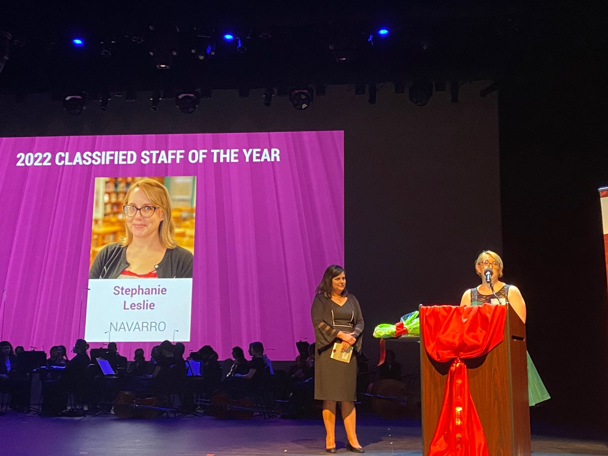 AustinISD's tweet photo. The award for Austin ISD 2022 Classified Staff of the Year goes to: 
Stephanie Leslie, Navarro Early College High School! 🏆 

Congratulations! #AISDProud
@navarro_vikings 

#AISDSalute22 https://t.co/ImTFWrCEWL