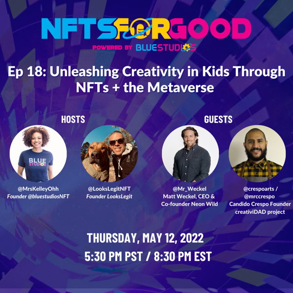 Getting started in less than 30 min! Excited to have <a href="/Mr_Weckel/">Weckel</a> of NeonWild/<a href="/SqwizzNFT/">Sqwizz | Chapter 1 Sold Out</a>
+ <a href="/MrCCrespo/">Candido Crespo</a> of <a href="/creativiDADproj/">creativiDAD project</a> to talk about how their platforms unleash creativity for families IRL and the #Metaverse. See you there! <a href="/LooksLegitNFT/">Looks Legit</a> #NFTsforGood
x.com/i/spaces/1YpJk…