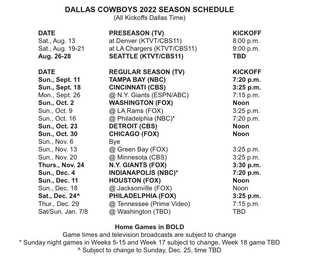 Dallas Cowboys Schedule 2022 