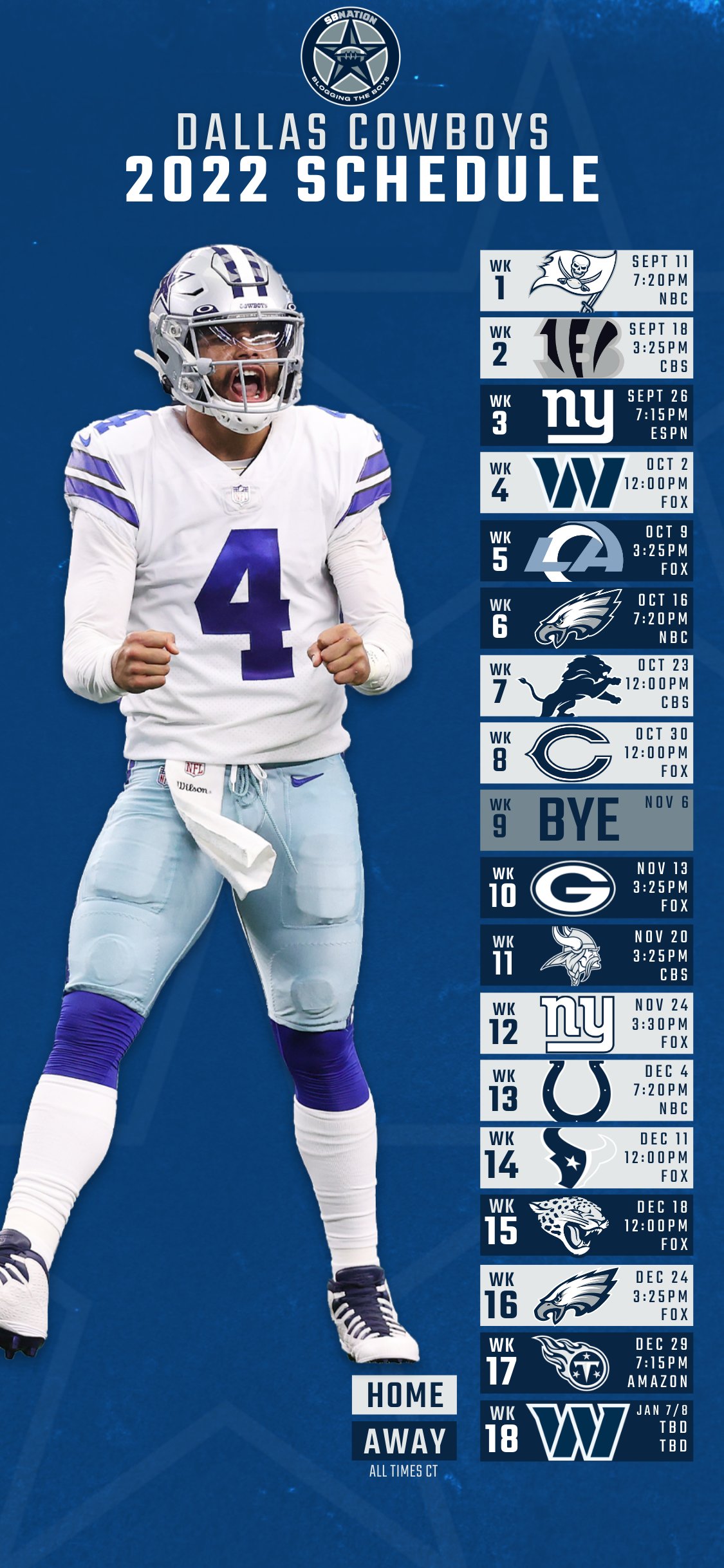 THE DALLAS COWBOYS 2022 REGULAR SEASON 19”x13” SCHEDULE POSTER