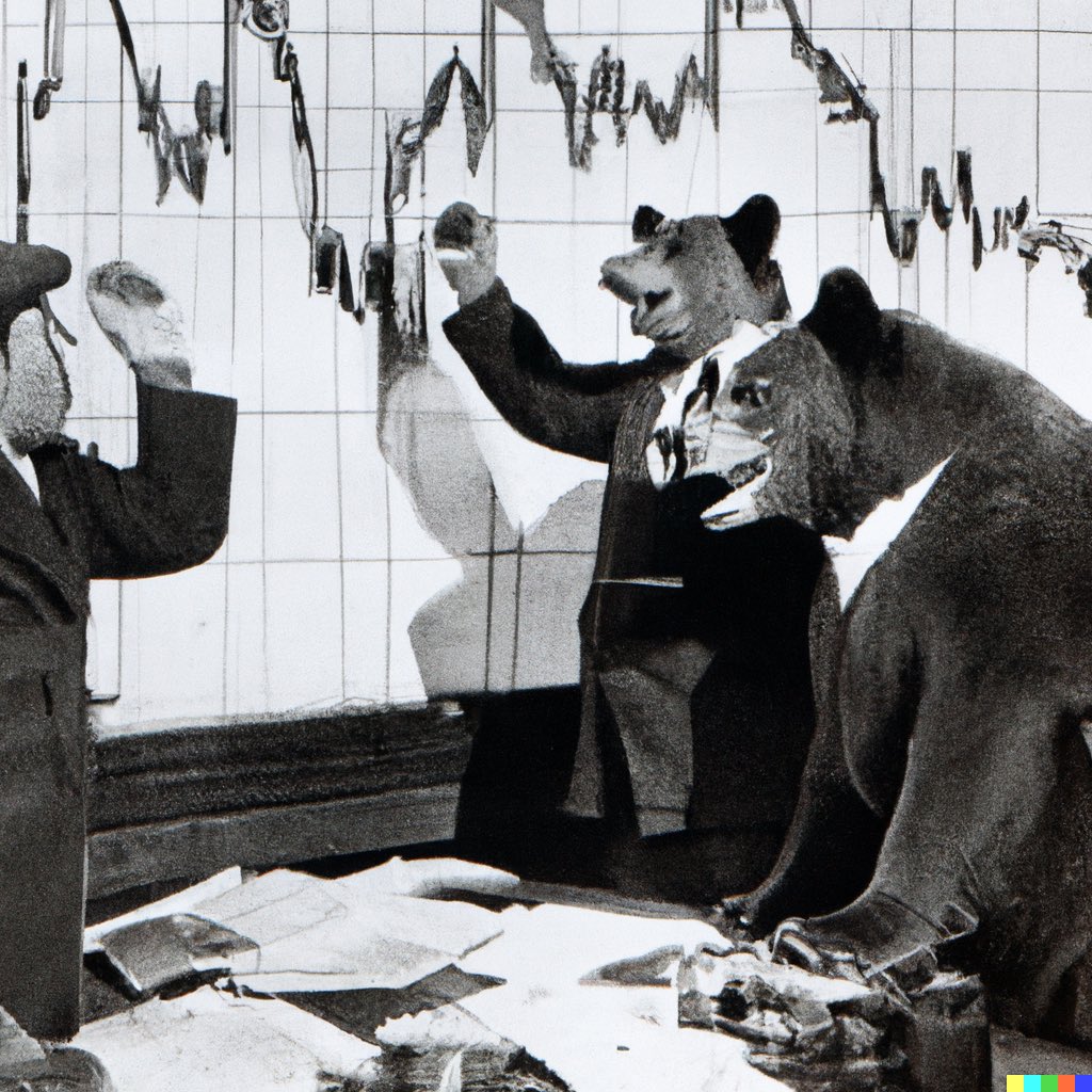 hardmaru's tweet photo. Asked #Dalle to generate photographs of the bear stock market in the 1930s https://t.co/aX4c9u2FTn