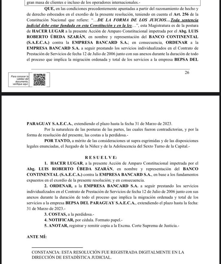 acostasamu's tweet photo. #AHORA: la Justicia falló a favor del recurso de Amparo Constitucional que presentó #BancoContinental, contra #Bancard. Le ordenó que hasta 2023 siga prestando sus servicios hasta que #Bepsa pueda terminar de adecuar sus sistemas para procesar todas las tarjetas del banco. https://t.co/5yyMqc9VmN