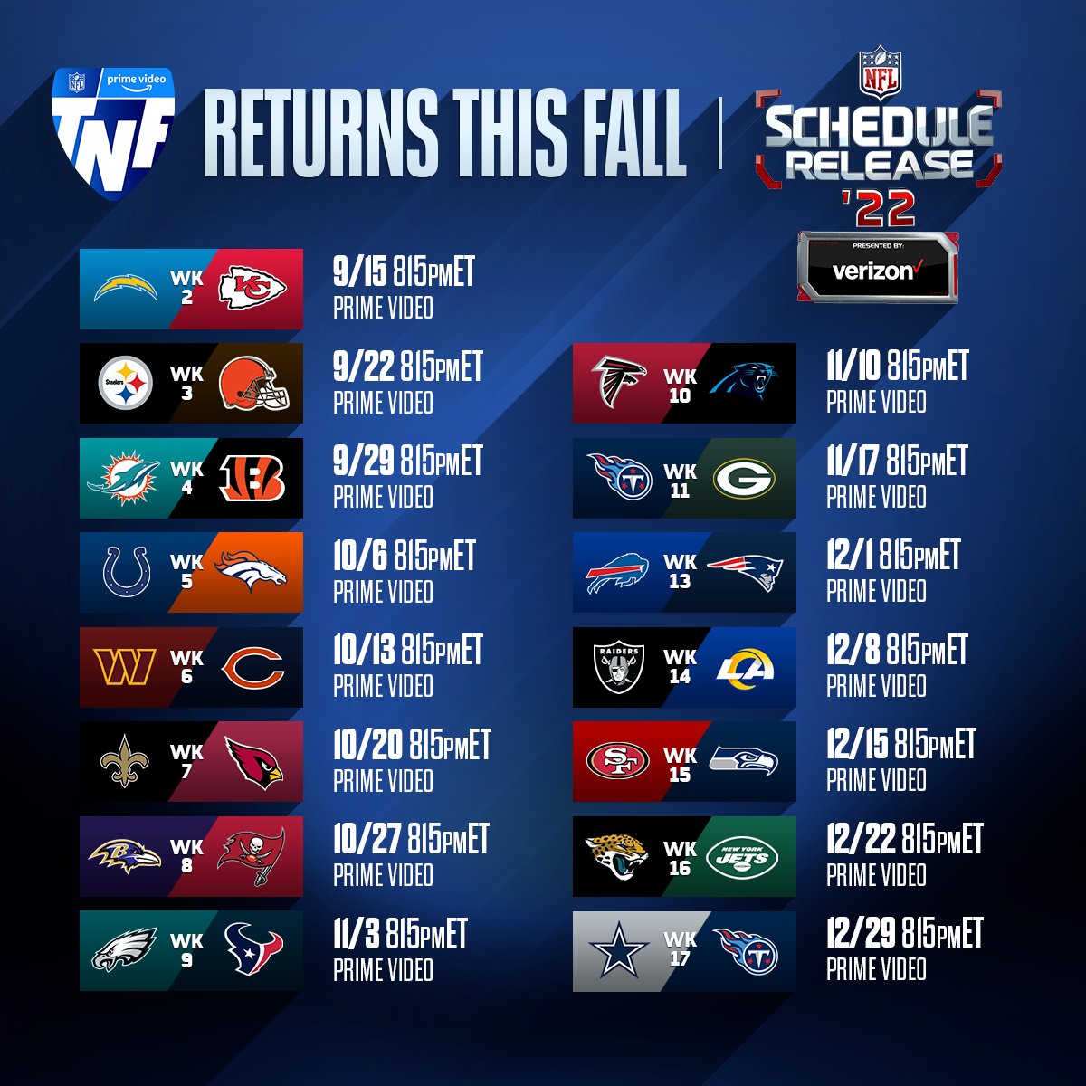 NFL on Twitter "Prime time with NFLonPrime. (by verizon) 📺 2022 NFL