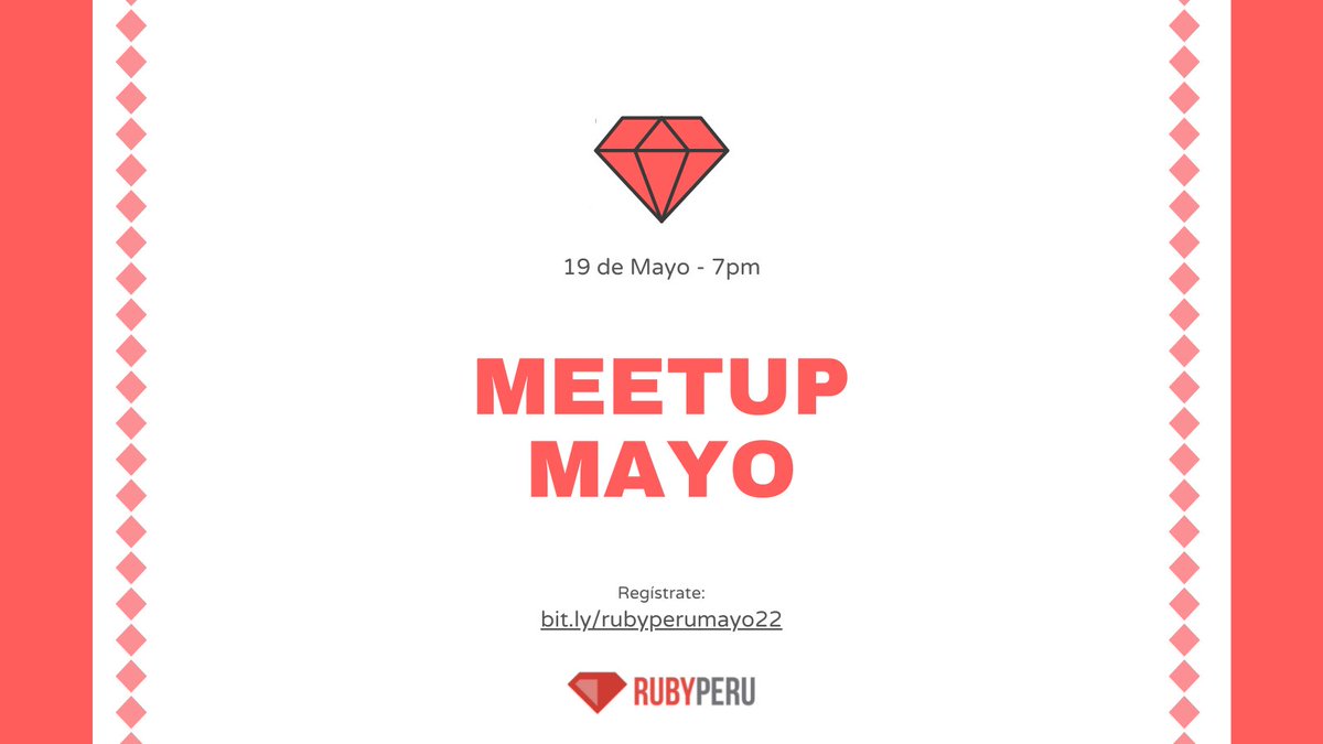 😎 ¡Se nos viene la 5ta edición de su MeetUp favorito!

📆 Este jueves 19 de Mayo a las 7pm, nos reuniremos para aprender más sobre Ruby y Rails.

✍️ No olviden registrarse por aquí: bit.ly/rubyperumayo22

¡Los esperamos! 💕