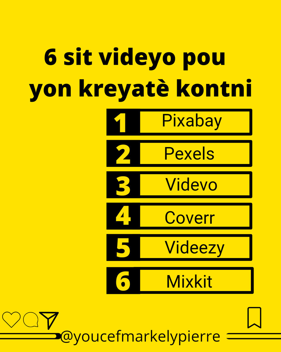 youcefmarkelyp's tweet photo. 6 sit wèb kote w ap jwenn videyo ppu kreye kontni.
#tiktok #tiktokhaïti🇭🇹 #facebook #instagram #youtube #creator #content #contentcreator #contentcreation #contentcreators #mixkit #pixabay #pexels #videvo #coverr #contentmarketing https://t.co/CNbklpiwzk