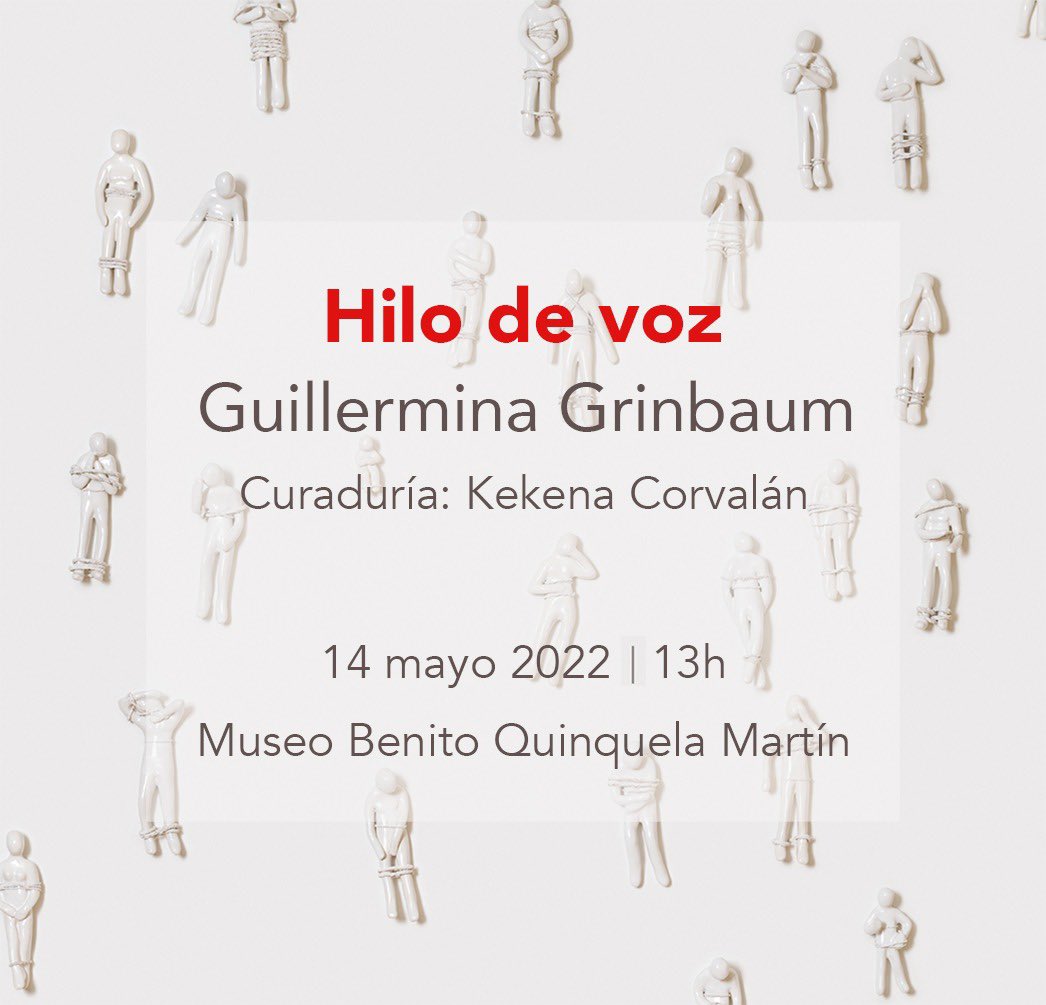 INAUGURACIÓN DE EXPOSICION: “Hilo de voz”, donde abordo la temática de la Trata de Personas con fines de Explotación Sexual. 
Inauguración: sábado 14 de mayo de 13 a 18 hs, en el Museo Benito Quinquela Martín, en La Boca.
Se puede visitar hasta el domingo 26 de junio.
Te espero