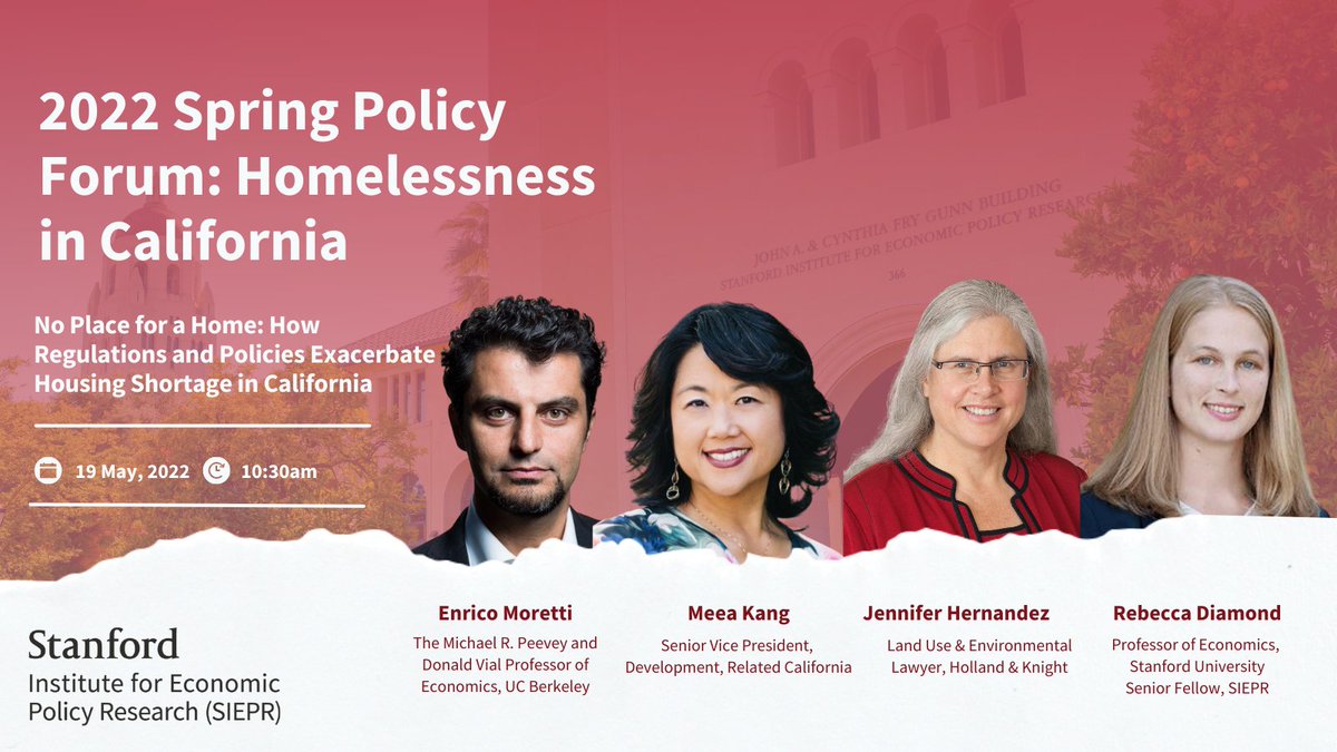 SIEPR's tweet photo. The countdown begins: 7 days until SIEPR's 2022 Spring Policy Forum. Join @MeeaKang, @SIEPR’s @rebeccardiamond, & reps from @UCBerkeley + @Holland_Knight as they discuss how regulations/policies impact CA's housing shortage: https://t.co/78Q9MwO3Yo #SpringPolicyForum #EconTwitter https://t.co/YOp36PMKL4