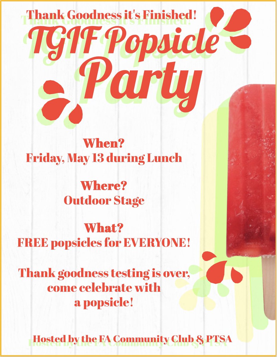 So excited for tomorrow’s popsicle party put on by the FA Community Club and <a href="/FirstAvePTSA/">FAPTSA</a>!! Every <a href="/FirstAveMS/">First Ave Spartans</a> student and staff will get a delicious popsicle at lunch to celebrate the end of a successful week of testing 💛💚❤️