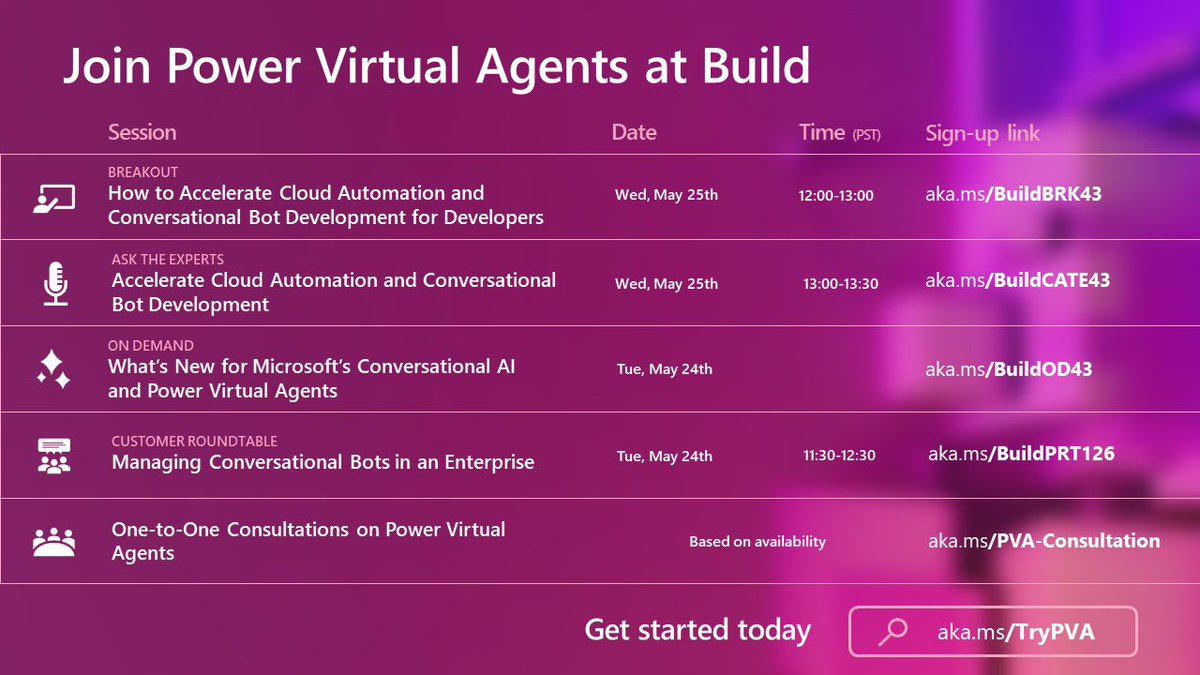Jackrowbothamai's tweet photo. Power Virtual Agents at Microsoft Build! (May 24th-26th)

Learn what's to come for Microsoft's Conversational AI and Power Virtual Agents!

#powervirtualagents #MSBuild  #PowerPlatform @MSPowerVirtual @pp_weekly https://t.co/MBPoF4WWxW
