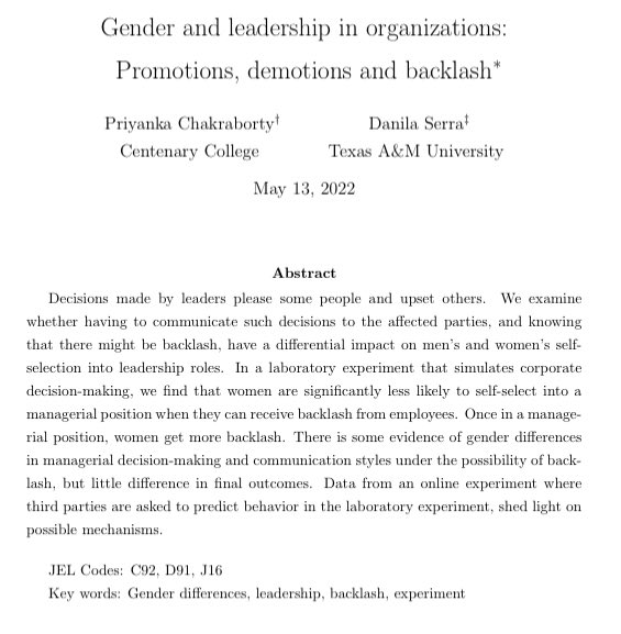 Danila Serra (@danilaserra_eco) on Twitter photo Tomorrow **May 13th at 10am Central** I’ll present VIRTUALLY at the Seminar Series on Discrimination & Disparities by <a href="/OlgaStoddard/">Olga Stoddard</a> <a href="/BarbaraBiasi/">Barbara Biasi</a> <a href="/pqblair/">Dr. Peter Q. Blair</a>
sites.google.com/view/olgastodd…
- Updated & augmented paper w/ <a href="/witspar/">Priyanka Chakraborty</a> on “Gender, leadership & backlash”
- Come if interested! Tomorrow **May 13th at 10am Central** I’ll present VIRTUALLY at the Seminar Series on Discrimination & Disparities by <a href="/OlgaStoddard/">Olga Stoddard</a> <a href="/BarbaraBiasi/">Barbara Biasi</a> <a href="/pqblair/">Dr. Peter Q. Blair</a>
sites.google.com/view/olgastodd…
- Updated & augmented paper w/ <a href="/witspar/">Priyanka Chakraborty</a> on “Gender, leadership & backlash”
- Come if interested!