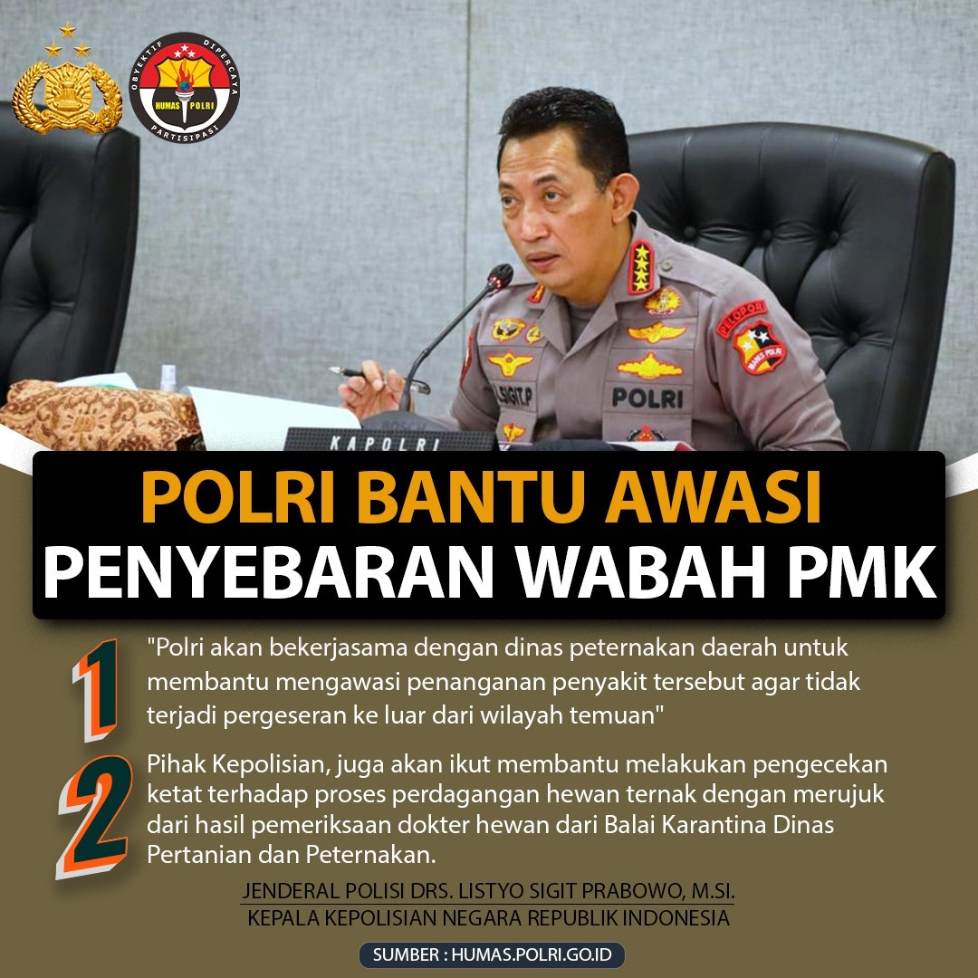 DewaThor17's tweet photo. Kapolri telah menginstruksikan kepada seluruh jajaran Satgas Pangan Polri untuk turun ke lapangan guna memastikan ketersediaan stok pangan hewan ternak serta melakukan pengendalian harga di pasaran, menyusul adanya penyebaran penyakit PMK hewan ternak tersebut.
@DivHumas_Polri https://t.co/KKbdcfC3e2