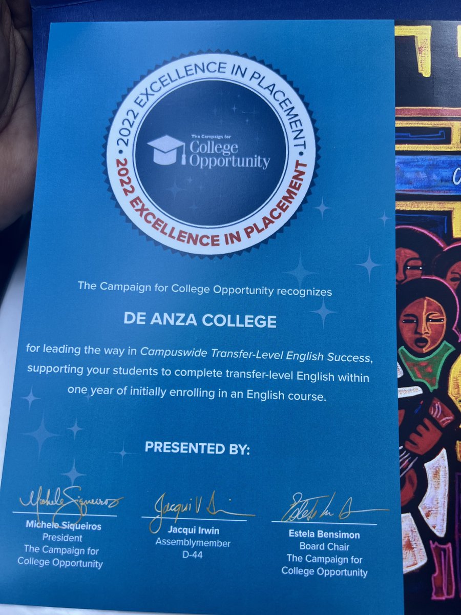 Check it out! Today, <a href="/DeAnzaPresLloyd/">Lloyd Holmes</a> represented De Anza College at the 2022 Excellence in Placement event hosted by the <a href="/CollegeOpp/">Campaign for College</a>. De Anza was recognized for our outstanding student success rates in transfer-level English and math.
