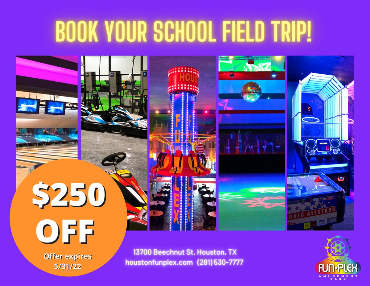 houstonfunplex's tweet photo. There is no place better for your school or organizations field trip than Houston Funplex! And our packages just got sweeter, for the month of May, you will get $250 OFF your field trip total! Book today on our website: https://t.co/UmIx9XQk9r
#houstonfunplex #rides #arcade https://t.co/ZbpaxxmUiB
