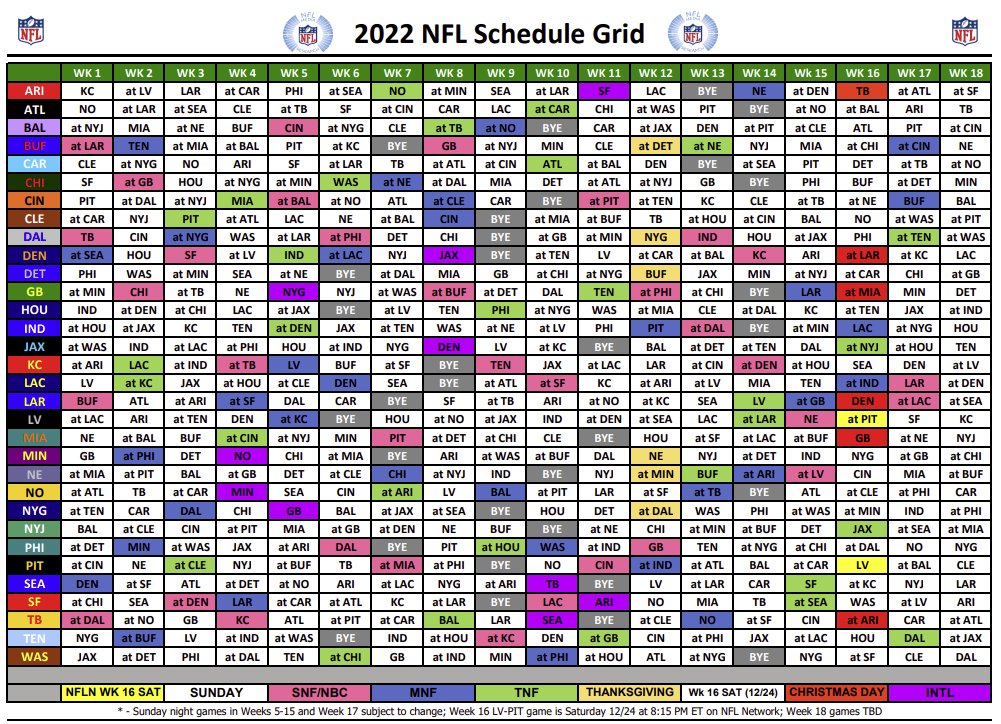 NFL Research on Twitter: "🚨 2022 Schedule Grid for all 272 games 🚨
