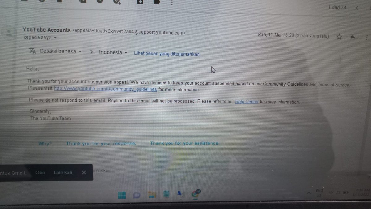 akuarifix's tweet photo. @TeamYouTube I have received a reply from the appeal, but youtube is still suspended. I beg you to review it again by humans, not robots. Because my content is harmless, everything is educational and useful, I apologize for any offense due to my ignorance. Please review again🙏🙏🙏 https://t.co/lYdaNMFbJX