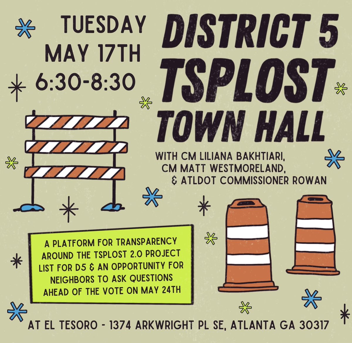 MikeUlmer's tweet photo. Attention District 5 folks: On May 17, @LilianaforATL will host a #TSPLOST town hall with @WestmorelandATL and @ATLDOT to discuss the District 5 project list and address questions and concerns 🦺 #Atlanta https://t.co/3gi35qGWlh