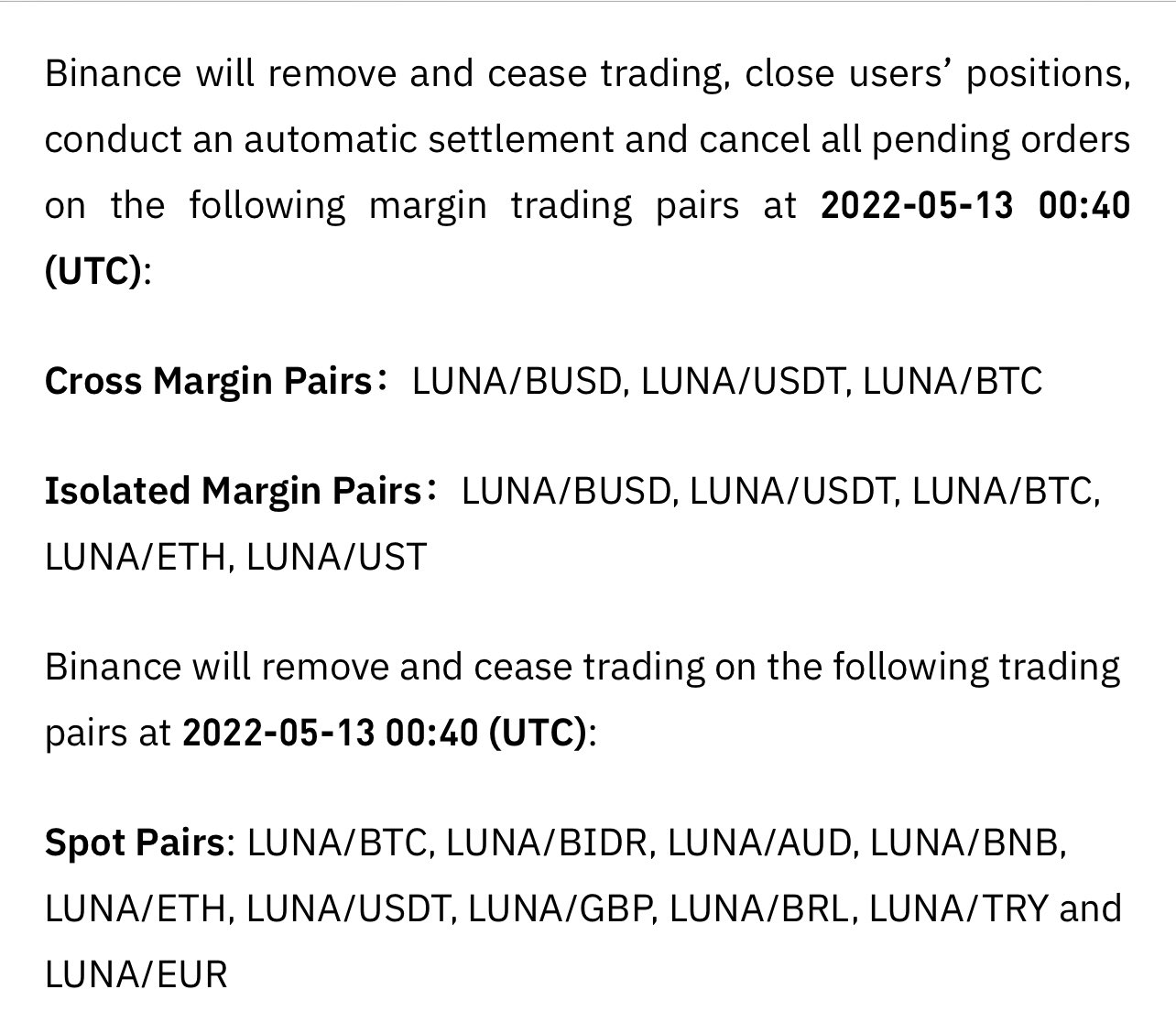 Wall Street Wolverine on Twitter "Binance acaba de deslistar a LUNA en