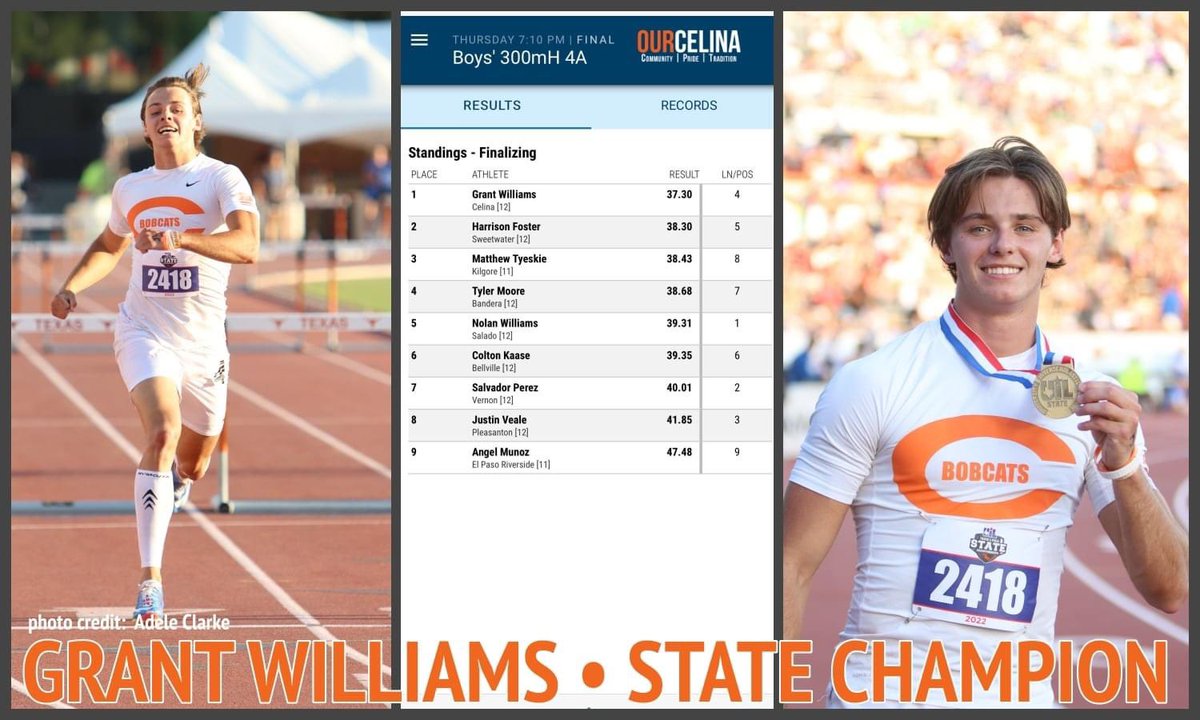 Celina's GRANT WILLIAMS is the 4A Boys 300m Hurdles STATE CHAMPION!!!!!!!  📷 @adelesimone_ <a href="/OurCelina/">OurCelina</a>  <a href="/gwiliams11/">Grant Williams</a> <a href="/CHSbobcats/">Celina High School</a> <a href="/CelinaISD/">Celina ISD</a>