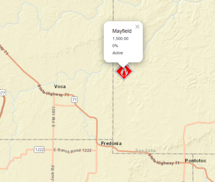 AllHazardsTFS's tweet photo. Alert: Texas A&M Forest Service is responding to a request for assistance in San Saba County on the #MayfieldFire. The fire is an estimated 1,500 acres and 0% contained. #txfire https://t.co/NJDEVNiTrv