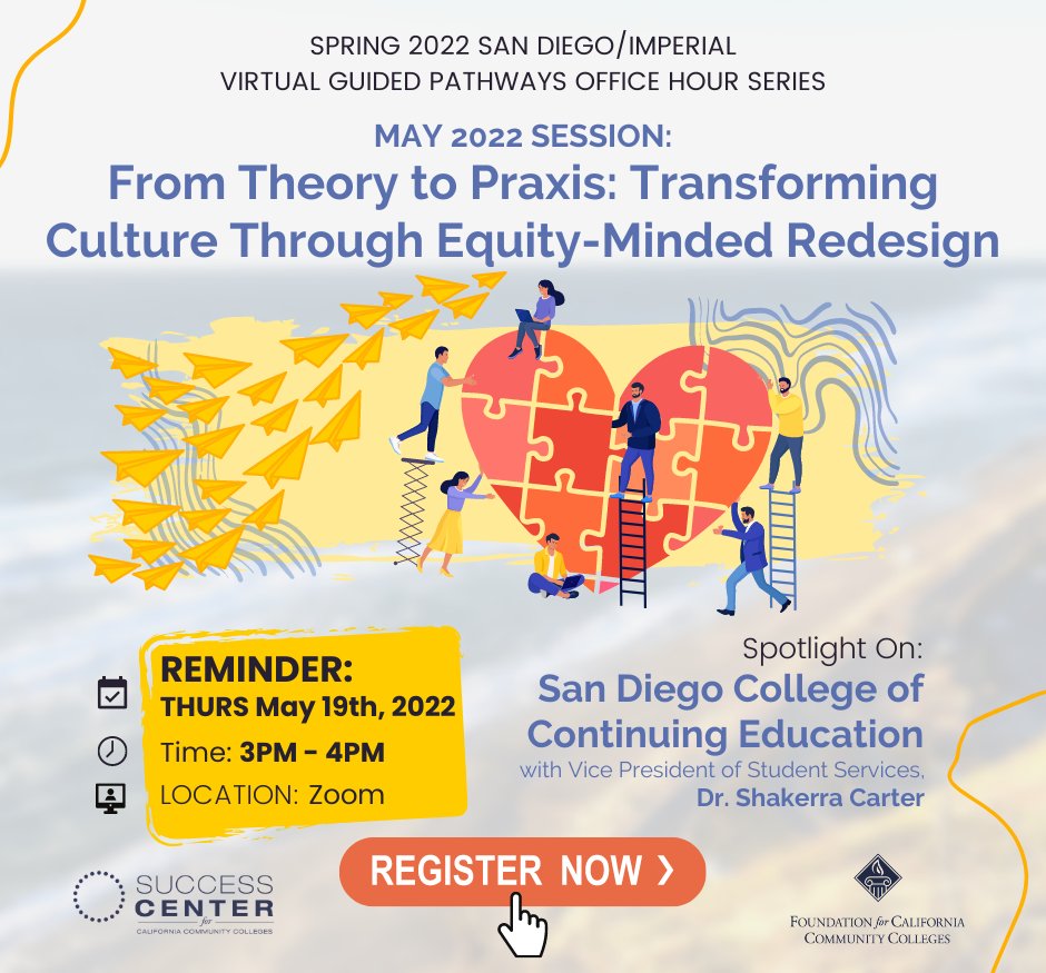 Are you pumped for next Thursday, 3PM PDT? (We are!)

Our May 2022 #SanDiegoImperial #GuidedPathways Office Hour spotlights #EquityMindedRedesign work happening at <a href="/SDCCEEDU/">San Diego College of Continuing Education</a> and features @SDCCEVPSS, Dr. Shakerra Carter.

Join us there! Register today: tinyurl.com/SDIGPOfficeHou…