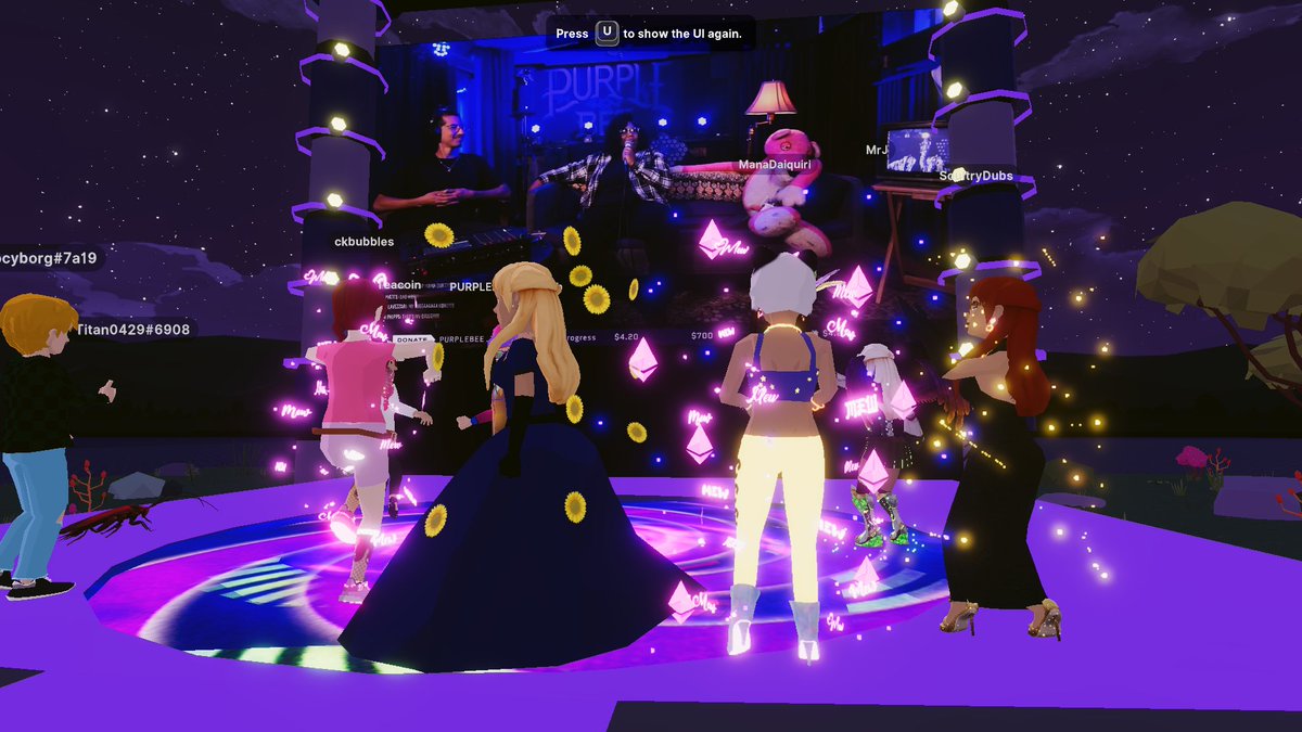 RefractionDCL's tweet photo. Drop by #purplebee for some cool beats in #Decentraland #DCL #MusicnNFT Coordinates: -49,81 https://t.co/6KKFLzLFvK