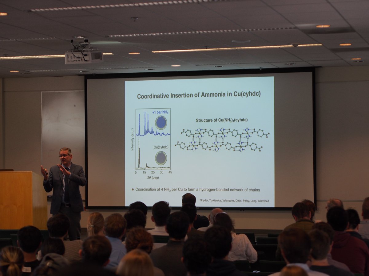UCSB_MRSEC's tweet photo. Our annual MRL Cheetham Lecture by Jeffrey Long! "Cooperative Adsorption and Gas Separations in Metal–Organic Frameworks".  We were very happy to hold our Materials Research Outreach Program poster session as well, with work from many grad students and postdocs. https://t.co/pklmLMZLkc