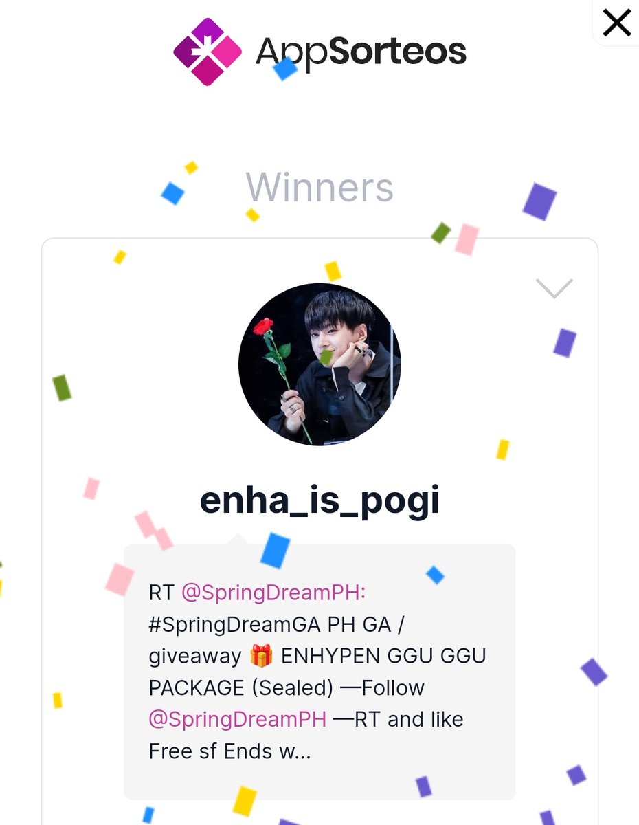 SpringDreamPH's tweet photo. #SpringDreamGA
Winner β¨ @enha_is_pogi
Congratulations! DM to claim your prize π₯° https://t.co/kuj6GAUzKR
