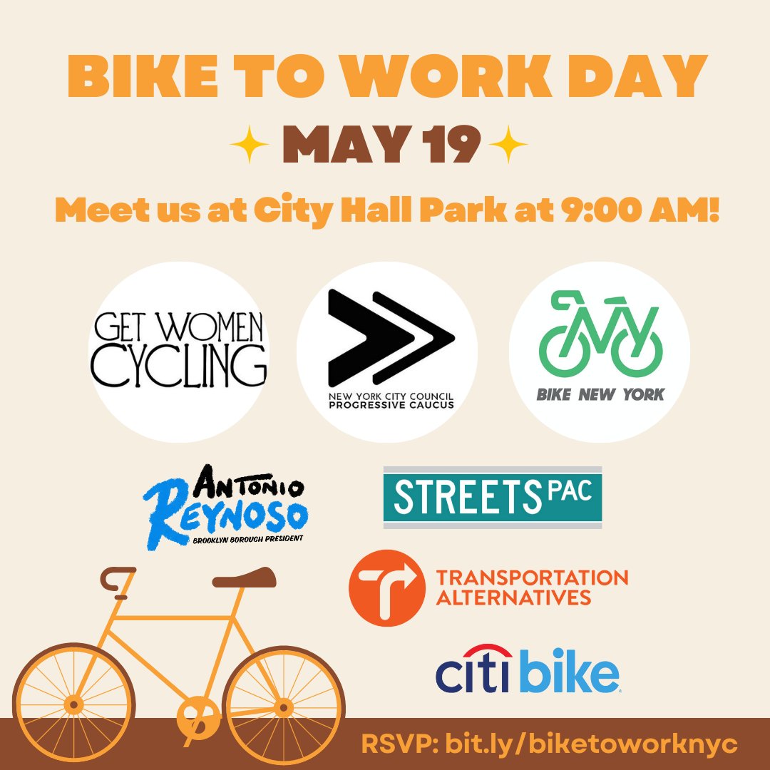 Bike to Work with the City Council is back! Please join us and our partners, <a href="/NYCProgressives/">NYCProgressives.bsky.social</a>, <a href="/TransAlt/">Transportation Alternatives</a>, 
<a href="/bikenewyork/">Bike New York</a>, <a href="/GetWomenCycling/">GetWomenCycling</a>, <a href="/CitiBikeNYC/">Citi Bike</a> and 
<a href="/BKBPReynoso/">Antonio Reynoso</a>, to ride to City Hall on Thursday, May 19th. Please RSVP to bit.ly/biketoworknyc.