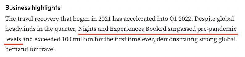under_morry's tweet photo. Airbnb の2022/1QのFinancial Reportが興味深いです。
・旅行需要がパンデミック以前に回帰しつつあり
・国境を越えた宿泊は前年同期比3倍以上、コロナ前の2019/1Qの水準に戻った

日本における数年後のインバウンド需要復活を予言するものかもしれません。 https://t.co/OAI06cnk14