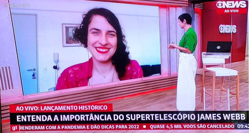 Doutorandas do instituto brilhando⭐️ em cadeia nacional.  <a href="/import_robs/">Roberta Duarte</a> acabou de aparecer no <a href="/jornalnacional/">Jornal Nacional</a> falando da sua pesquisa, em comemoração da imagem de Sagitário A*. Há seis meses, <a href="/catastrofisica/">Catarina Aydar</a> cobriu o lançamento do telescópio James Webb na <a href="/GloboNews/">GloboNews</a>.