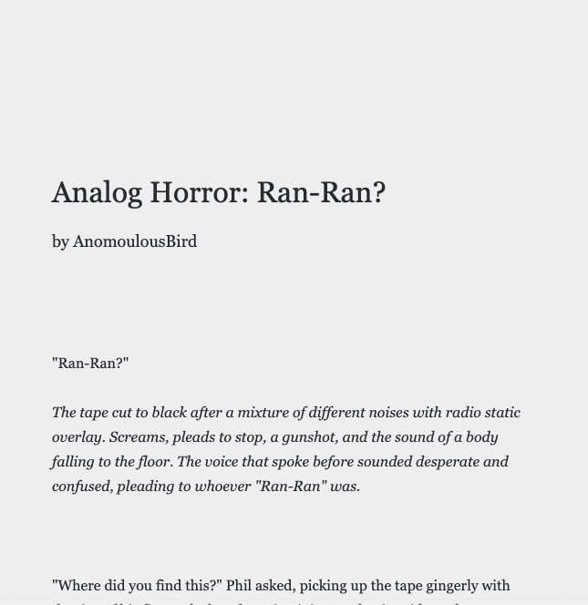 uncookd_'s tweet photo. 📣 On Considering Harshly... by coke_gratis

https://t.co/GqA9MXS1Me

👹 Mothers of Monsters by winforthefrogs

https://t.co/4OZ7KYre4C

🧒🏻 Analog Horror: Ran-Ran?

https://t.co/0y295RGtdB

🗿 The End of It by Robert Potter

https://t.co/bFV0aBId2u

#writerslift #WritingCommunity https://t.co/5Pcl581jLD